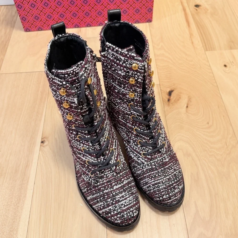 NWB Tory Burch Women’s Combat Lug Sole Tweed Leather Boots